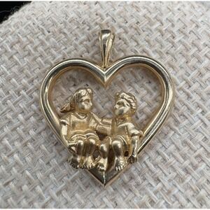 Peter Brams PBD 14K Gold Heart Pendant Two Cherubs 2.52g Tested